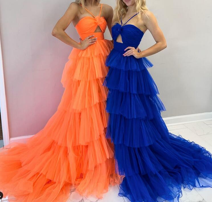 Tulle Long Prom Dress with Key Hole and Ruffle Skirt