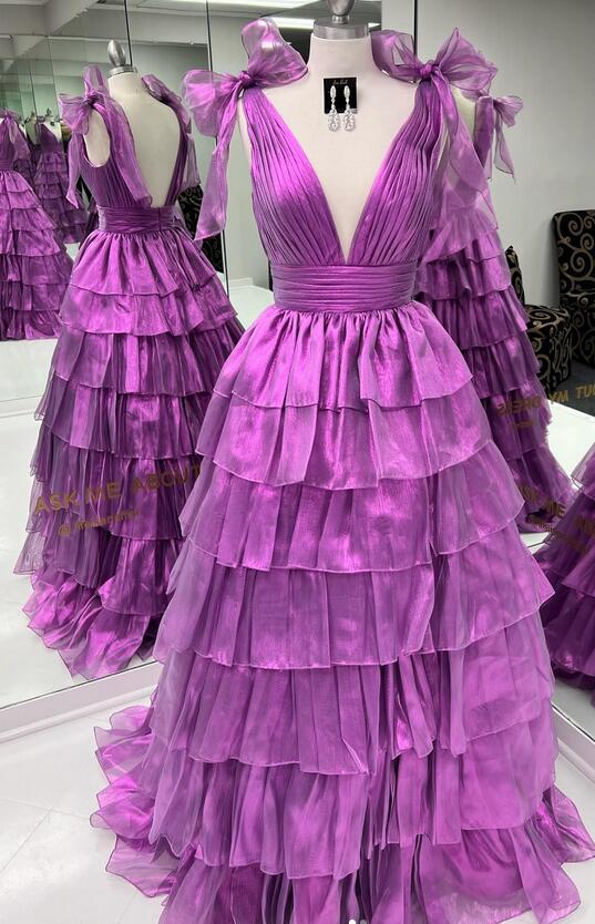 V-neck Open Back Ball Gown Long Prom Dress with Ruffle Skirt