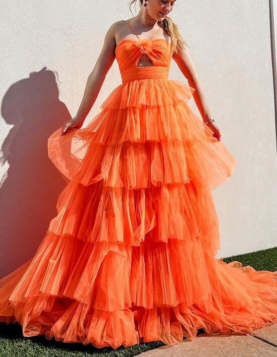 Tulle Long Prom Dress with Key Hole and Ruffle Skirt