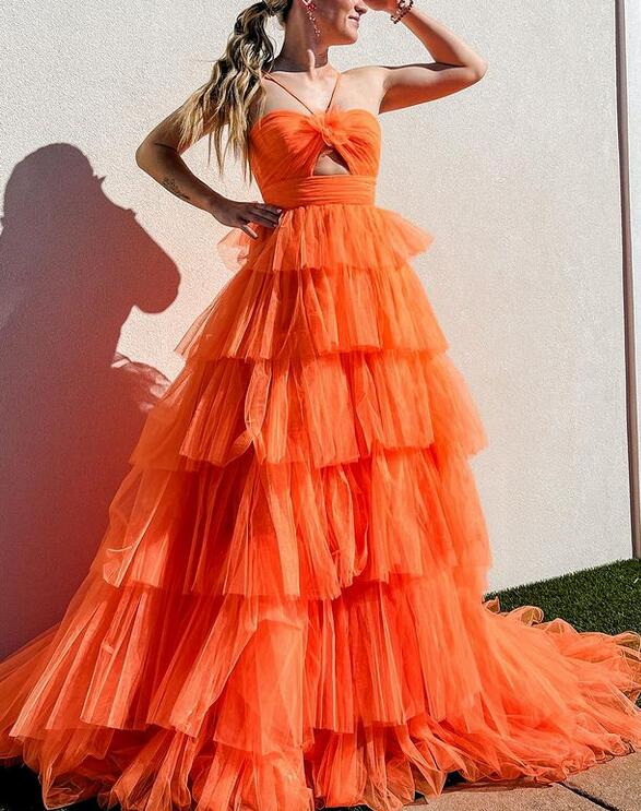Tulle Long Prom Dress with Key Hole and Ruffle Skirt