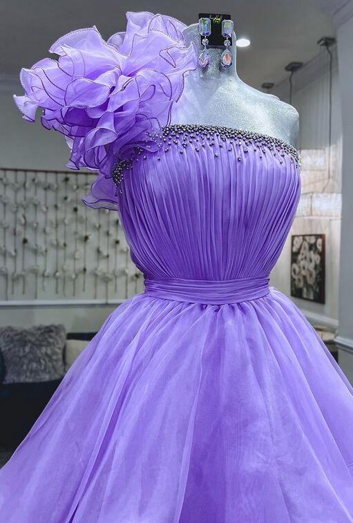 One Shoulder Long Prom Dress with Beadeing Neckline and Ruffle Skirt