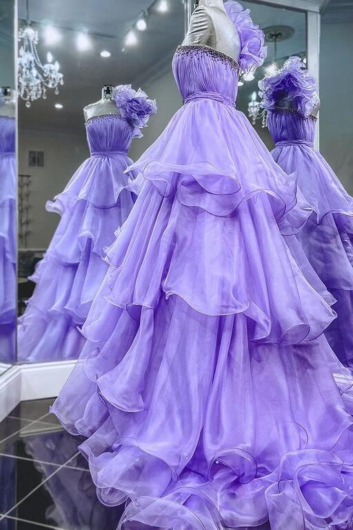 One Shoulder Long Prom Dress with Beadeing Neckline and Ruffle Skirt