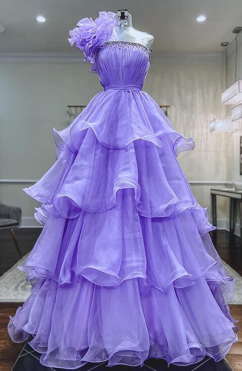 One Shoulder Long Prom Dress with Beadeing Neckline and Ruffle Skirt
