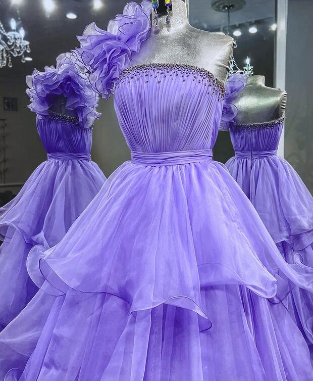 One Shoulder Long Prom Dress with Beadeing Neckline and Ruffle Skirt