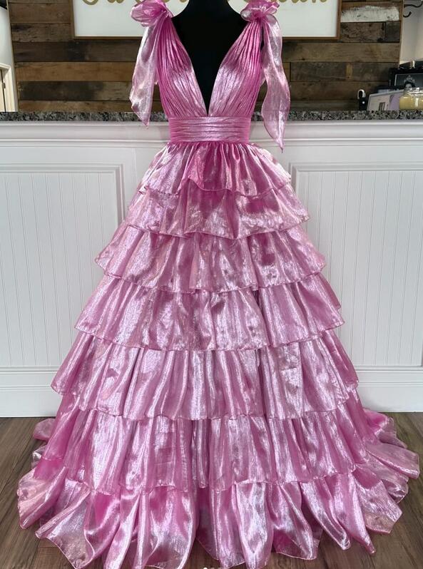 V-neck Open Back Ball Gown Long Prom Dress with Ruffle Skirt