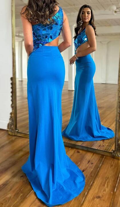 One-Shoulder Cut Glass Mirror Cutout Long Prom Dress