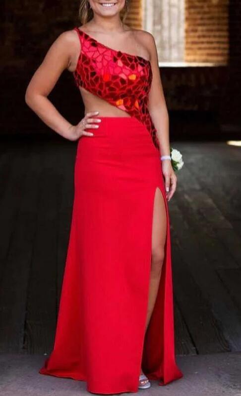 One-Shoulder Cut Glass Mirror Cutout Long Prom Dress