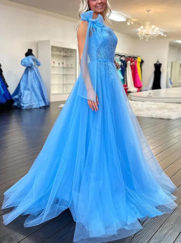 One Shoulder Tulle/Lace Long Prom Dress with Slit