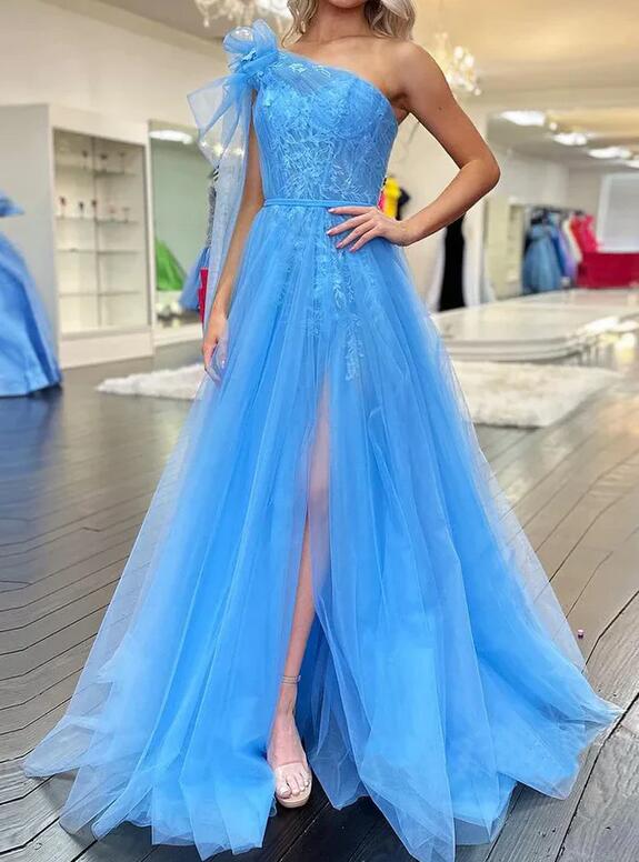One Shoulder Tulle/Lace Long Prom Dress with Slit