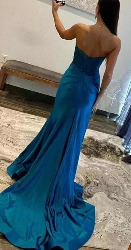 Strapless Satin Mermaid Long Prom Dress with Lace Top and Slit