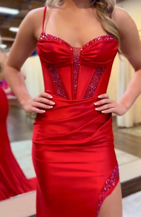 Straps Satin Mermaid Long Prom Dress with Beading