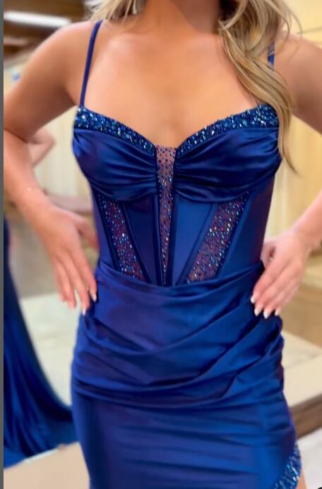 Straps Satin Mermaid Long Prom Dress with Beading