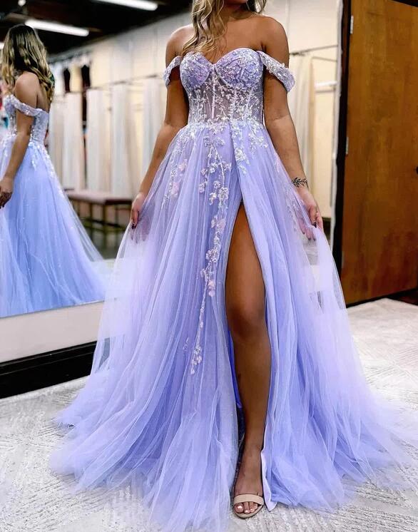 Off the Shoulder Tulle Long Prom Dress with Sequins Lace