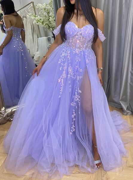 Off the Shoulder Tulle Long Prom Dress with Sequins Lace