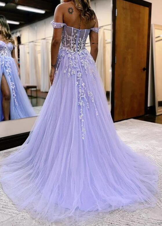 Off the Shoulder Tulle Long Prom Dress with Sequins Lace