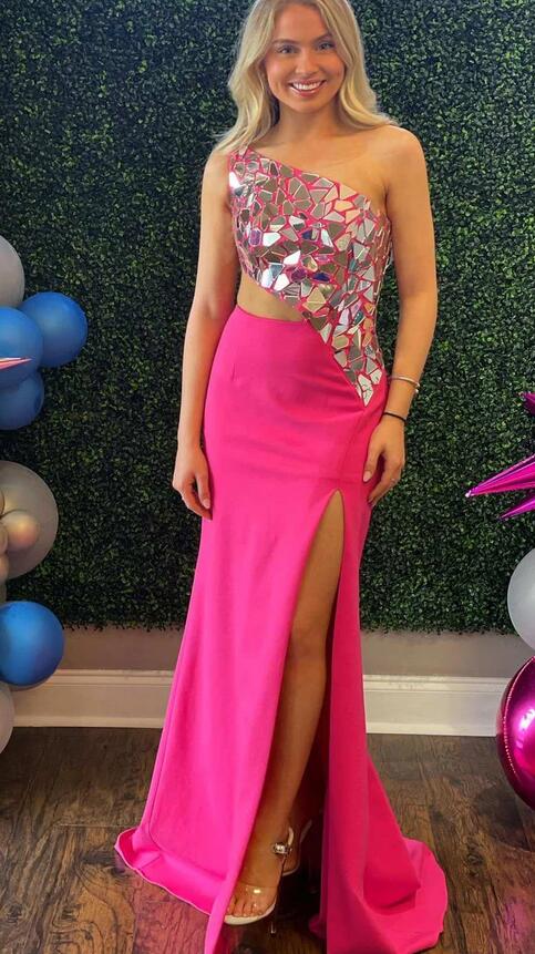 One-Shoulder Cut Glass Mirror Cutout Long Prom Dress