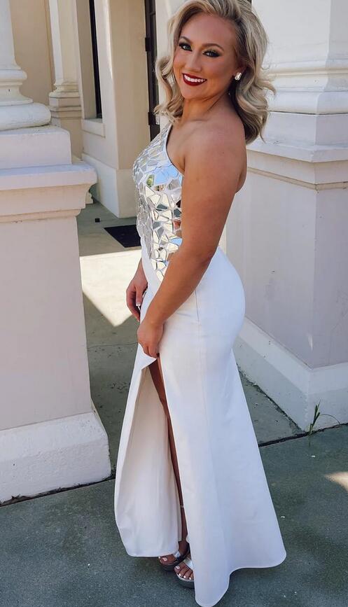 One-Shoulder Cut Glass Mirror Cutout Long Prom Dress
