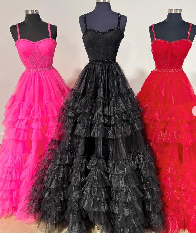 Straps Tulle Long Prom Dress with Ruffle Skirt
