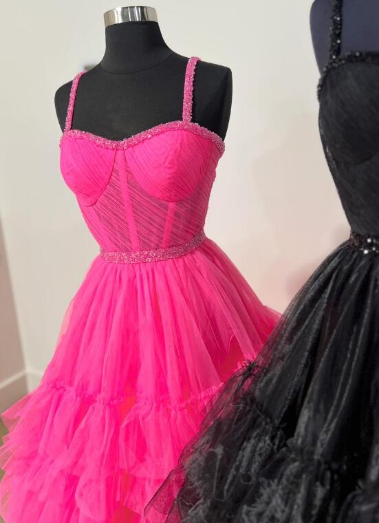 Straps Tulle Long Prom Dress with Ruffle Skirt