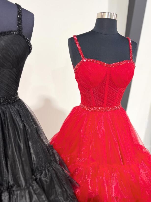 Straps Tulle Long Prom Dress with Ruffle Skirt