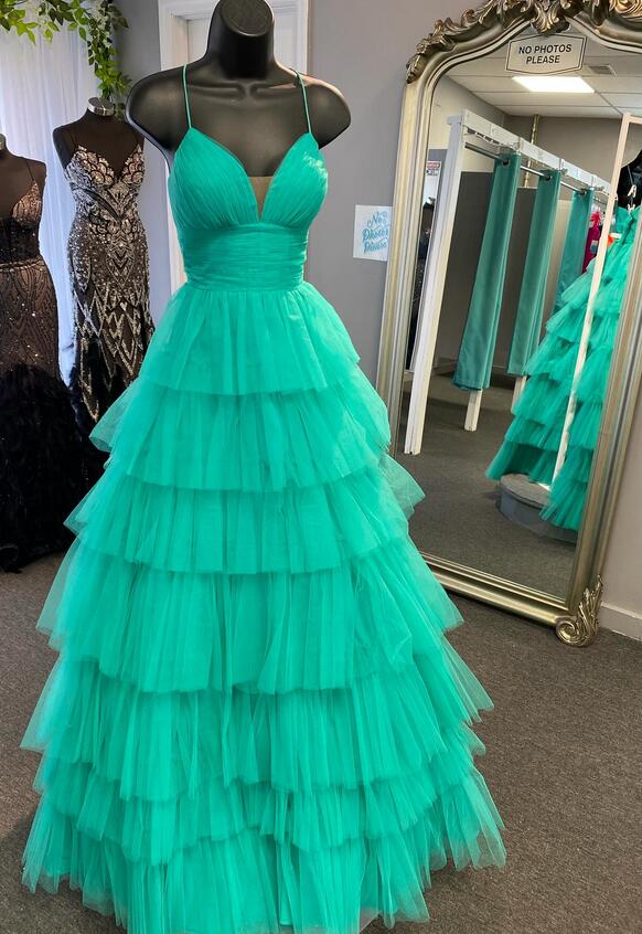 Straps Tulle Long Prom Dress with Ruffle Skirt