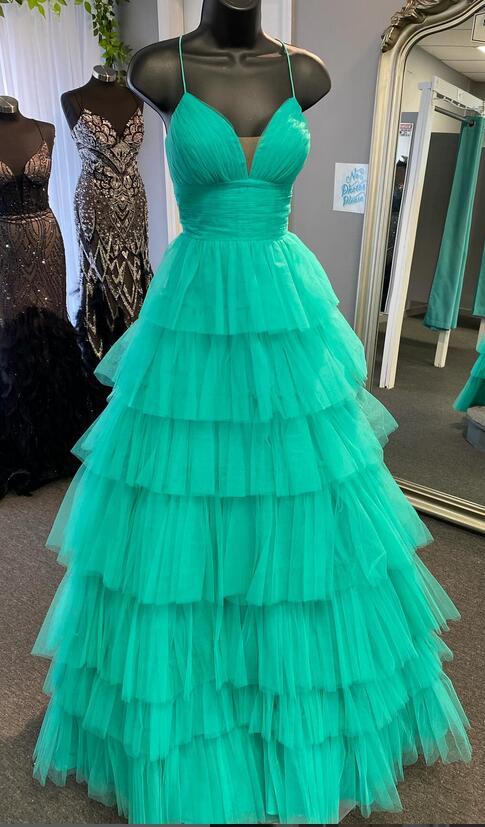 Straps Tulle Long Prom Dress with Ruffle Skirt