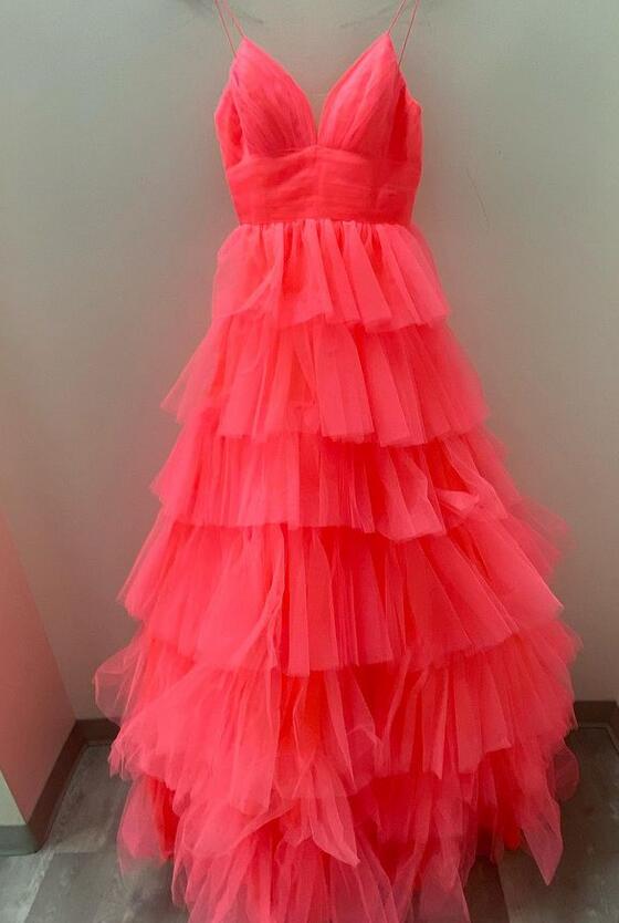 Straps Tulle Long Prom Dress with Ruffle Skirt