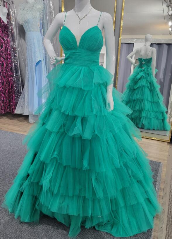 Straps Tulle Long Prom Dress with Ruffle Skirt