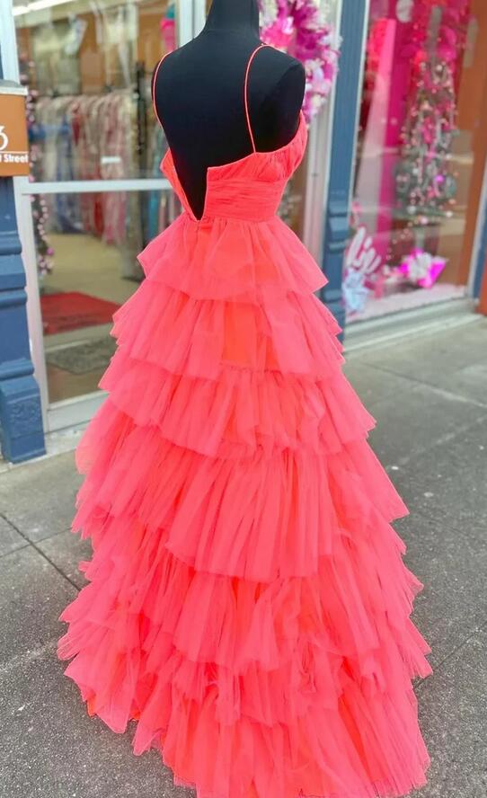 Straps Tulle Long Prom Dress with Ruffle Skirt