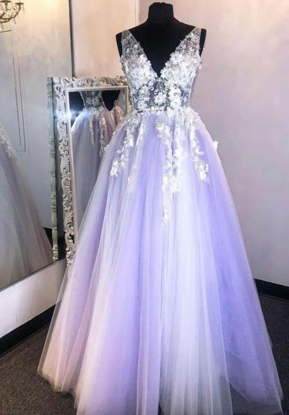 V-neck Open Back Tulle Long Prom Dress with Appliques