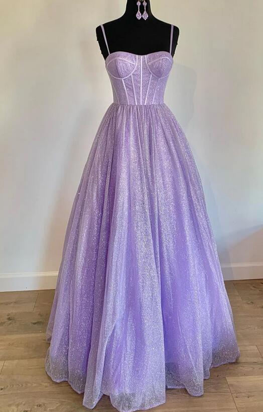 Straps A-line Sparkly Long Prom Dress