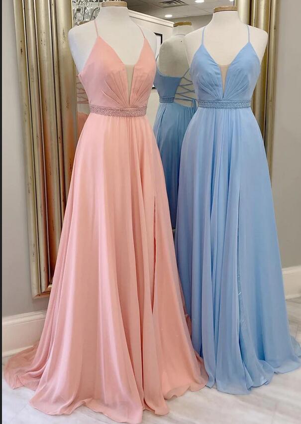 Straps A-line Chiffon Long Prom Dress with Beading