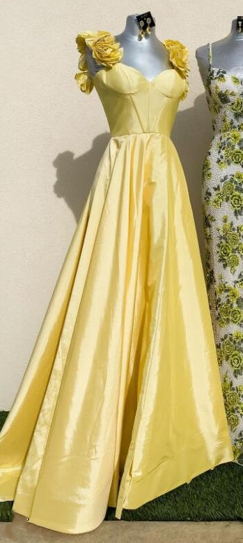 Taffeta A-line Long Prom Dress with Rosette Embellished Straps