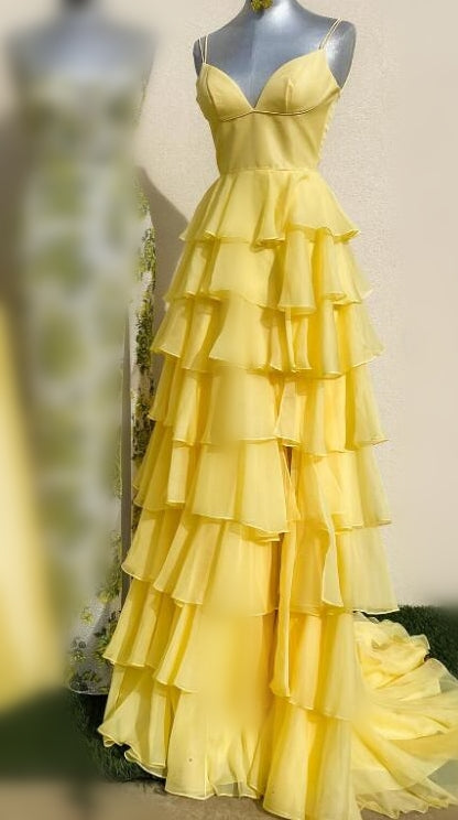 Yellow Ruffle Chiffon A-Line Long Prom Dress with Skirt Slit