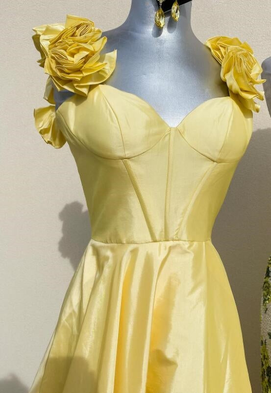 Taffeta A-line Long Prom Dress with Rosette Embellished Straps