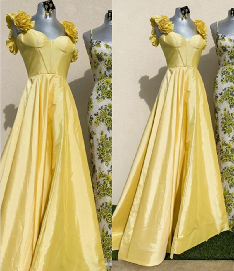 Taffeta A-line Long Prom Dress with Rosette Embellished Straps