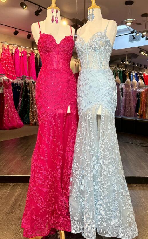 Straps Mermaid Tulle/Lace Long Prom Dress with Slit