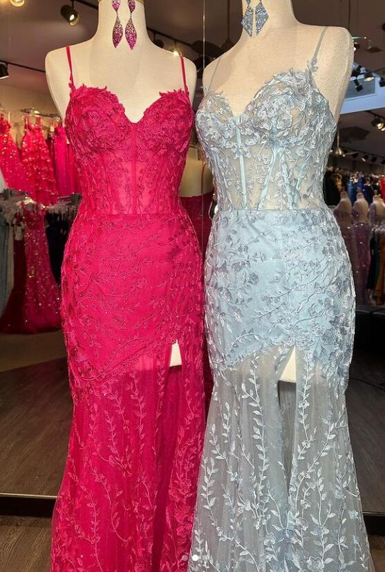Straps Mermaid Tulle/Lace Long Prom Dress with Slit