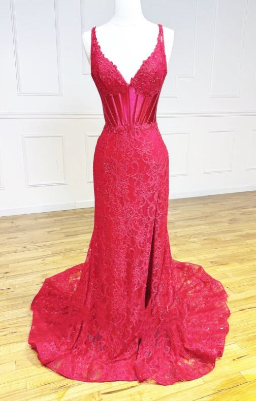 Red V-neck Fitted Lace Long Prom Dress with Slit DressesTailor Red V-neck Fitted Lace Long Prom Dress with Slit DressesTailor