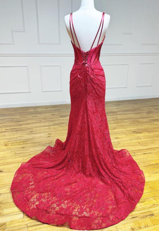 Red V-neck Fitted Lace Long Prom Dress with Slit