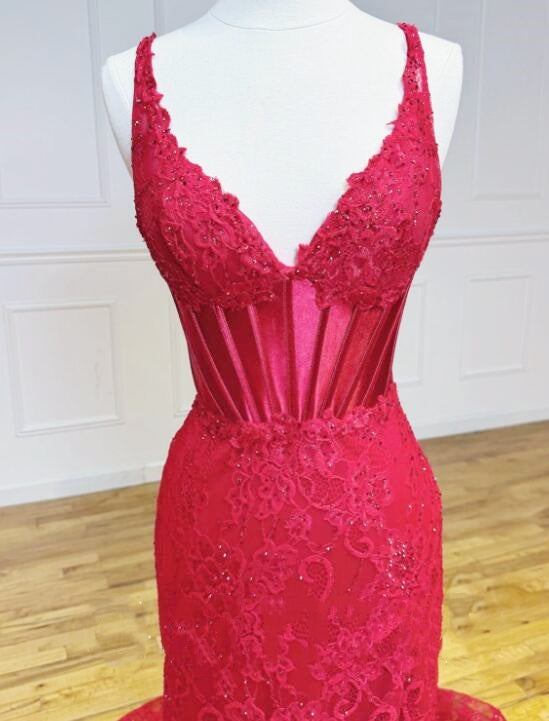 Red V-neck Fitted Lace Long Prom Dress with Slit
