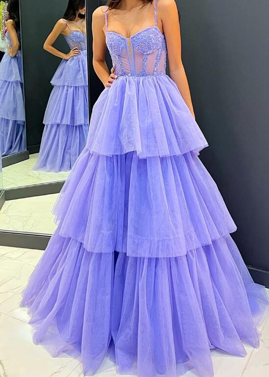 Straps Long Prom Dress with Lace Top and Ruffle Skirt