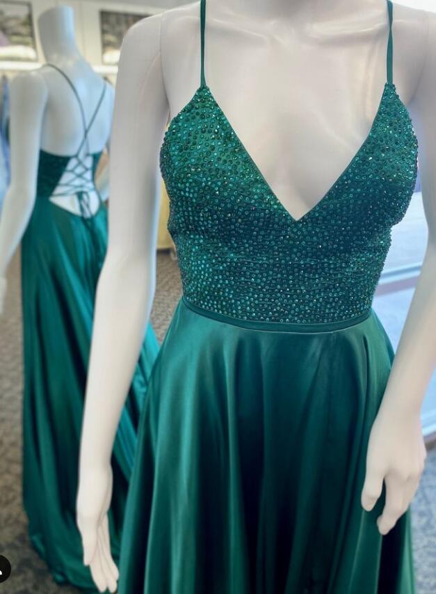 Straps A-line Long Prom Dress with Beading Top