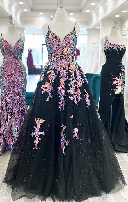 Straps Sequins Lace Tulle Long Prom Dress