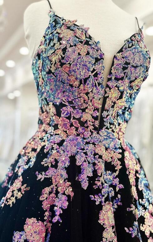 Straps Sequins Lace Tulle Long Prom Dress