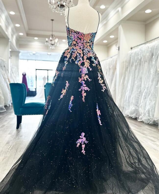 Straps Sequins Lace Tulle Long Prom Dress