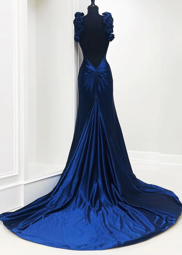 Open Back Long Prom Dresses with Rosette Embellished Straps