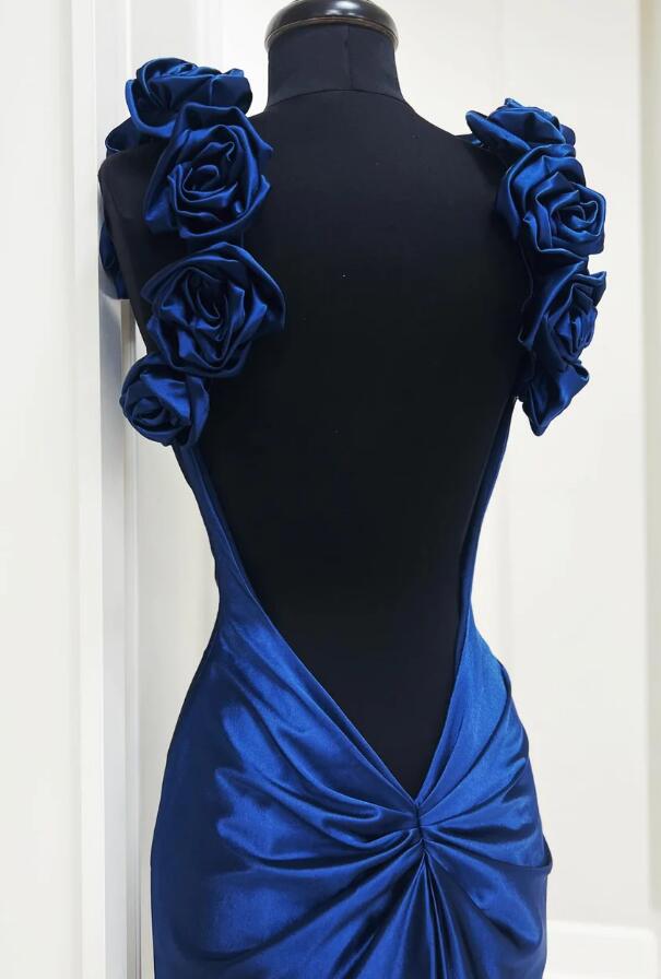 Open Back Long Prom Dresses with Rosette Embellished Straps