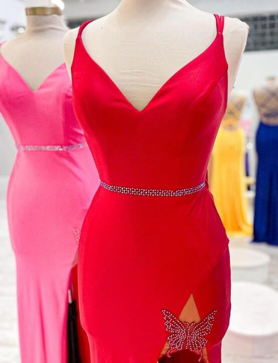 Straps V-neck Mermaid Long Prom Dress with Beading