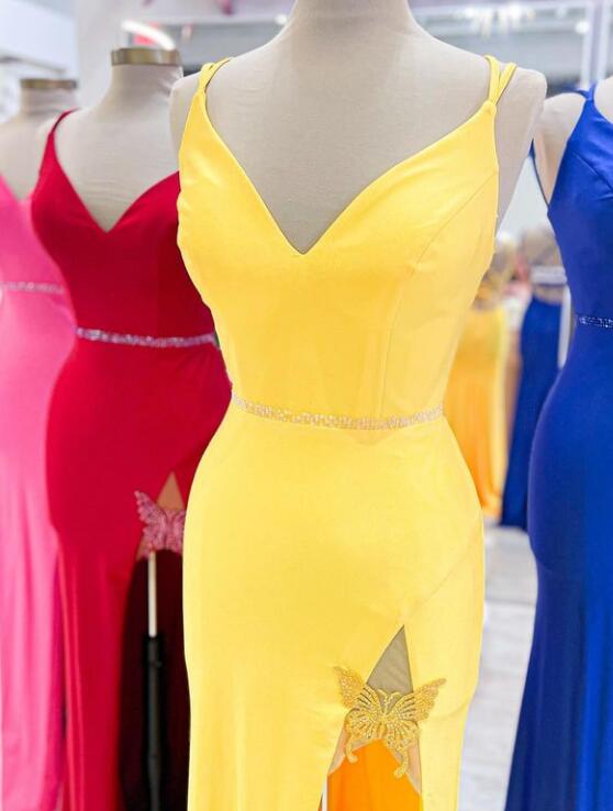 Straps V-neck Mermaid Long Prom Dress with Beading